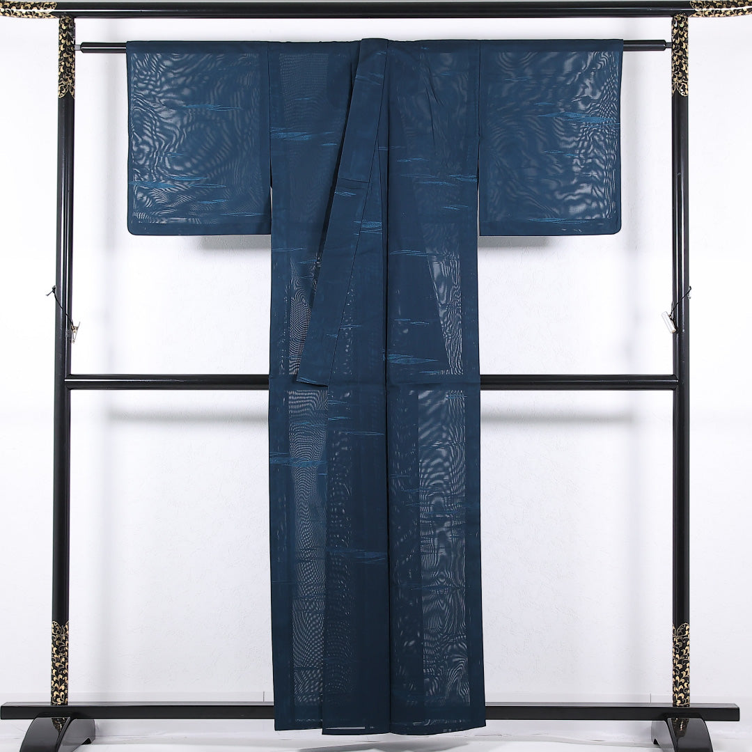 夏物 小紋 二重紗 身丈155cm 裄丈62cm 正絹 Cランク インフォーマル バチ衿 Lサイズ 創作柄 紺系 RP 1221-17343
