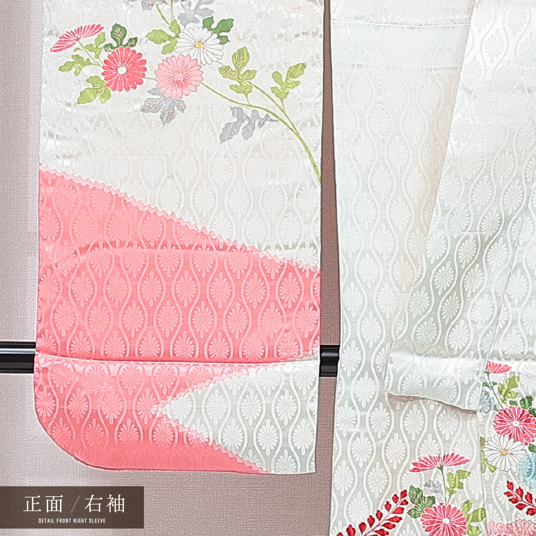 振袖 袷 身丈157cm 裄丈63cm 正絹 Cランク フォーマル 広衿 Mサイズ 刺繍 菊 桐 緑系 LP 1215-07022