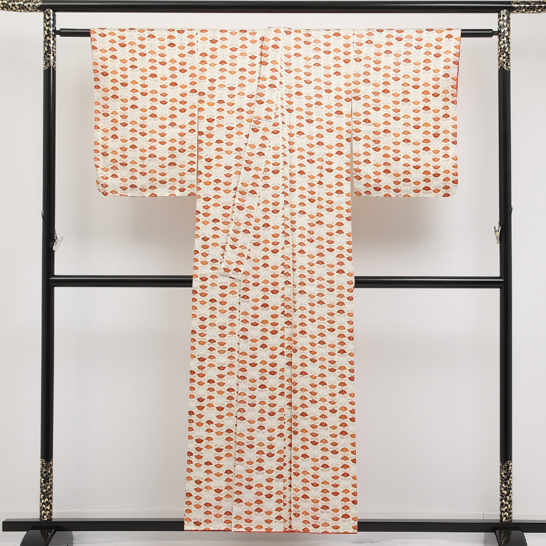 洗える着物 小紋 袷 身丈152cm 裄丈62cm ポリエステル Sランク インフォーマル 広衿 Sサイズ 銀杏 クリーム系 LP 1221-17287