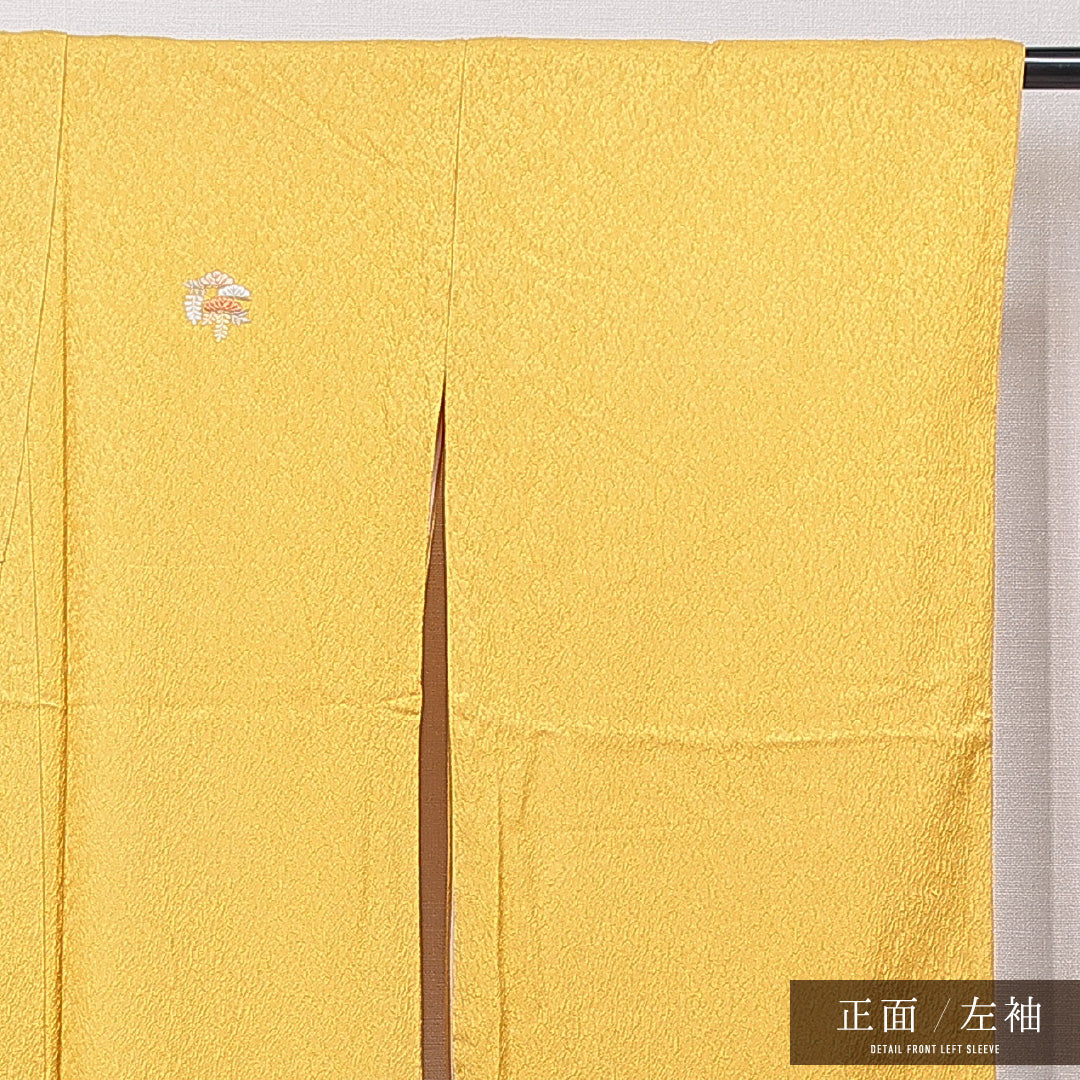 洗える着物 小振袖 袷 身丈169cm 裄丈66cm ポリエステル Sランク セミフォーマル 広衿 XLサイズ 刺繍 藤 笠松 黄系 RP 1216-07057