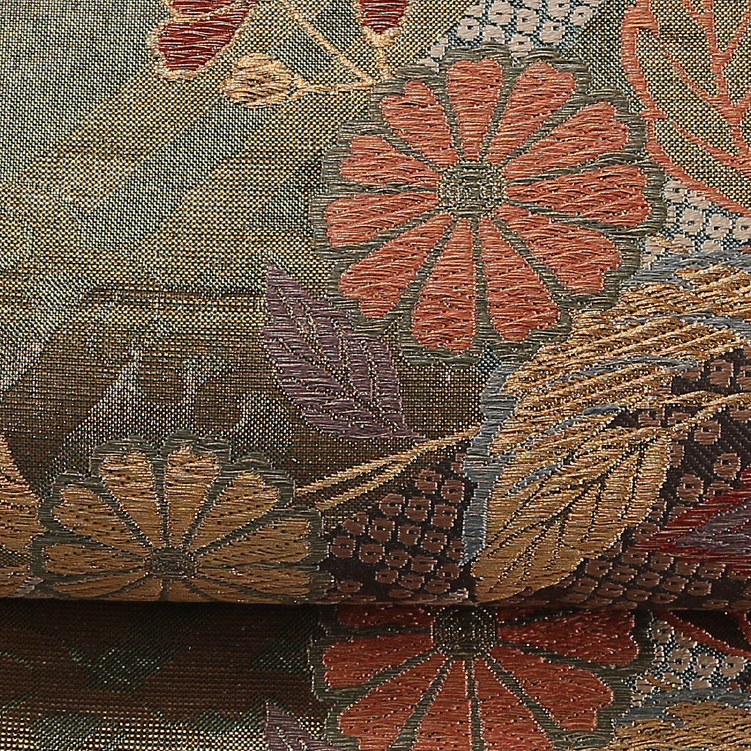菊 袋帯 帯丈428cm ポリエステル 六通 フォーマル 緑系 金系 1243-02583