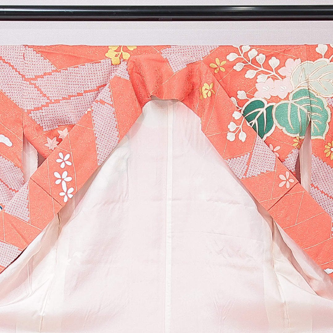 振袖 袷 身丈167cm 裄丈65cm 正絹 Cランク フォーマル 広衿 XLサイズ 金駒刺繍 菊 桐 朱系 HP 1215-06930