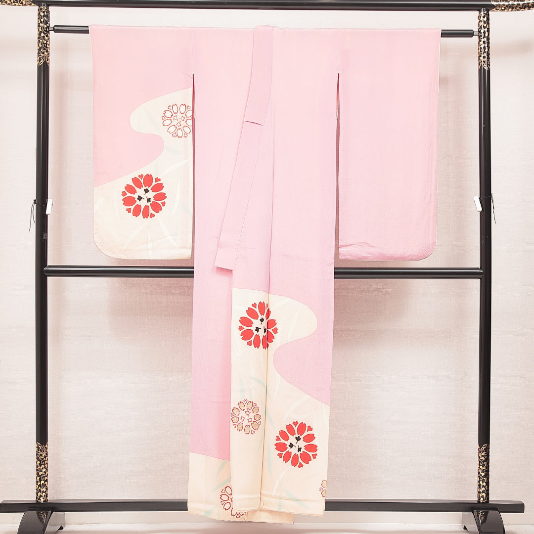 アンティーク 小振袖 袷 身丈157cm 裄丈62cm 正絹 Bランク バチ衿 Mサイズ 撫子 ピンク系 RP 1216-07110