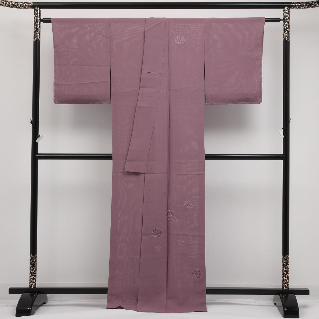 夏物 色無地 絽 身丈164cm 裄丈64cm 正絹 Aランク インフォーマル 広衿 XLサイズ 蘇州刺繍 雪輪 付下げ 紫系 RP 1219-17328