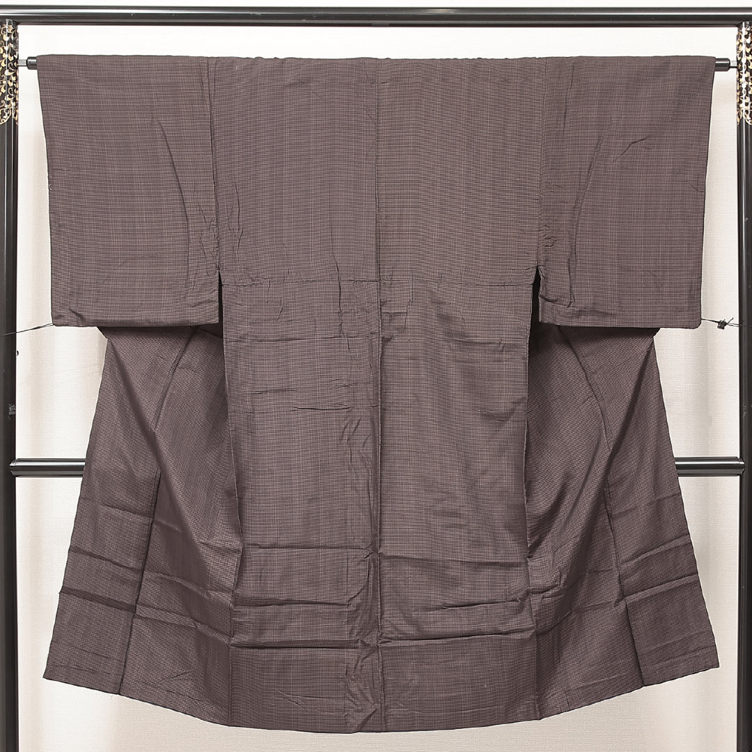 男着物 袷 身丈130cm 裄丈64cm 正絹 Aランク カジュアル 棒衿 XSサイズ 格子絣 茶系 RP 1224-17194