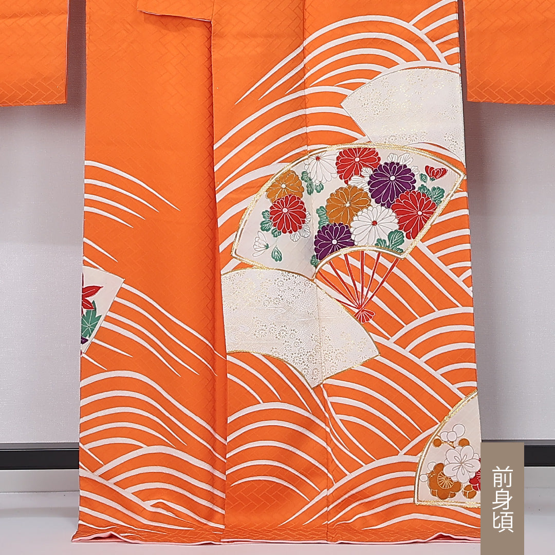 振袖 袷 身丈171cm 裄丈67cm 正絹 Aランク フォーマル 広衿 2XLサイズ 菊 朱系 RP 1215-06733