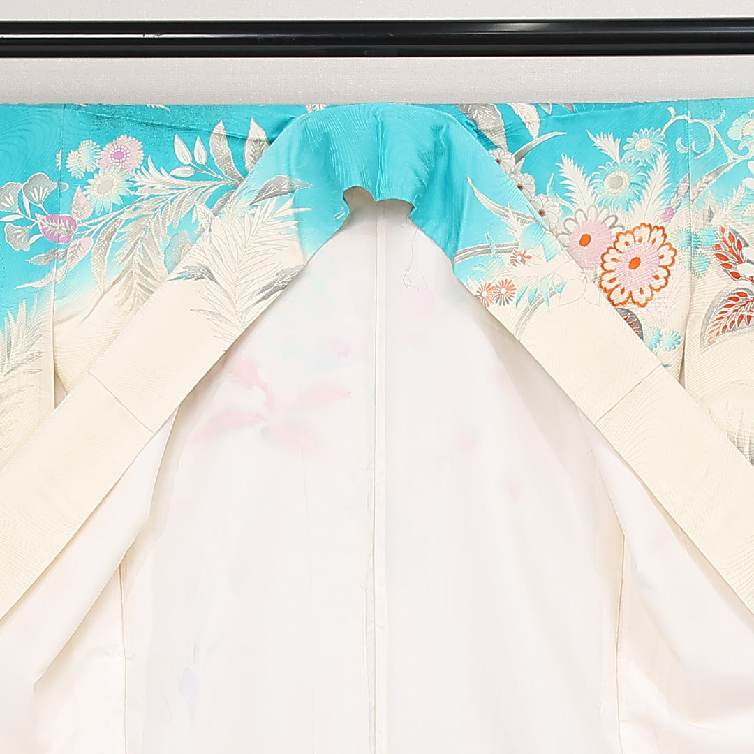 洗える着物 振袖 袷 身丈163cm 裄丈64cm ポリエステル Bランク フォーマル 広衿 Lサイズ 刺繍 孔雀 水色系 RP 1215-06804