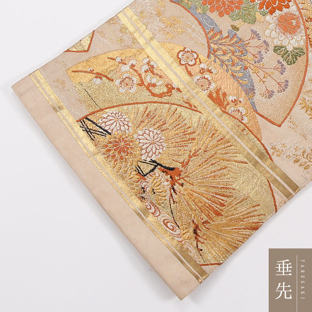 扇面文 アンティーク 丸帯 帯丈412cm 正絹 全通 クリーム系 茶系 1243-02601