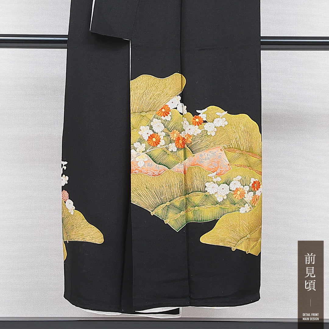 黒留袖 袷 身丈147cm 裄丈51cm 正絹 Cランク 五つ紋 (五三桐) フォーマル 広衿 XSサイズ 琳派 金彩 比翼 光悦垣 黒系 LP 1213-07093