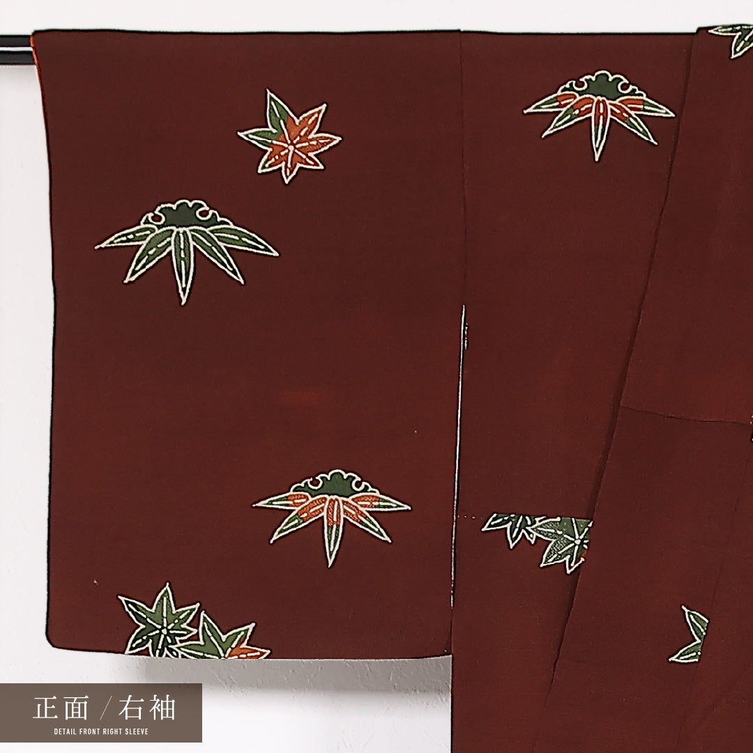 付下げ (ちりめん) 袷 身丈162cm 裄丈65cm 正絹 Aランク インフォーマル 広衿 Lサイズ 菊 紅葉 柏 ちりめん 茶系 RP 1218-17518