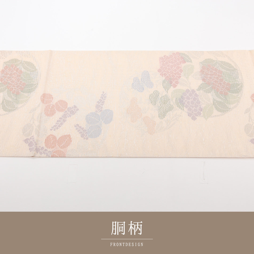 夏物 袋帯 帯丈434cm 正絹 六通 セミフォーマル 唐草牡丹 丸文 クリーム系 ピンク系 1243-02466