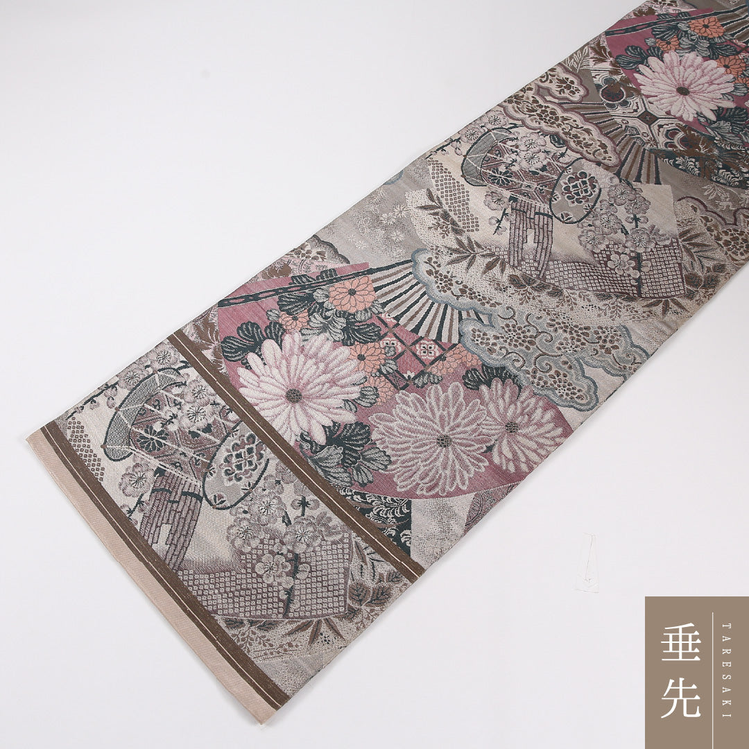 菊 アンティーク 丸帯 帯丈380cm 正絹 全通 フォーマル クリーム系 グレー系 1242-02618