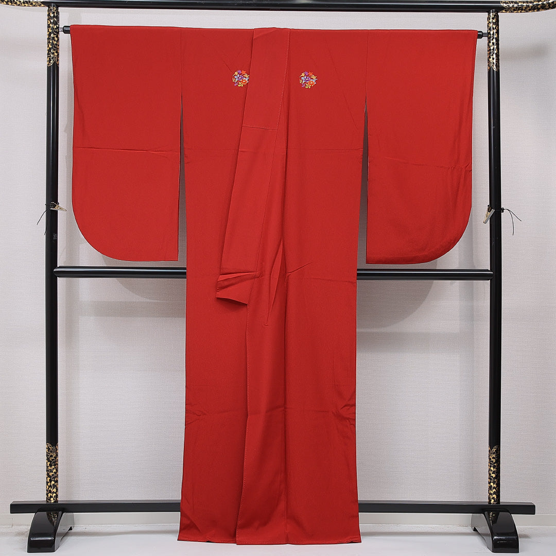 洗える着物 小振袖 袷 身丈164cm 裄丈68cm ポリエステル Sランク セミフォーマル 広衿 Lサイズ 刺繍 菊 紅葉 赤系 RP 1216-07053