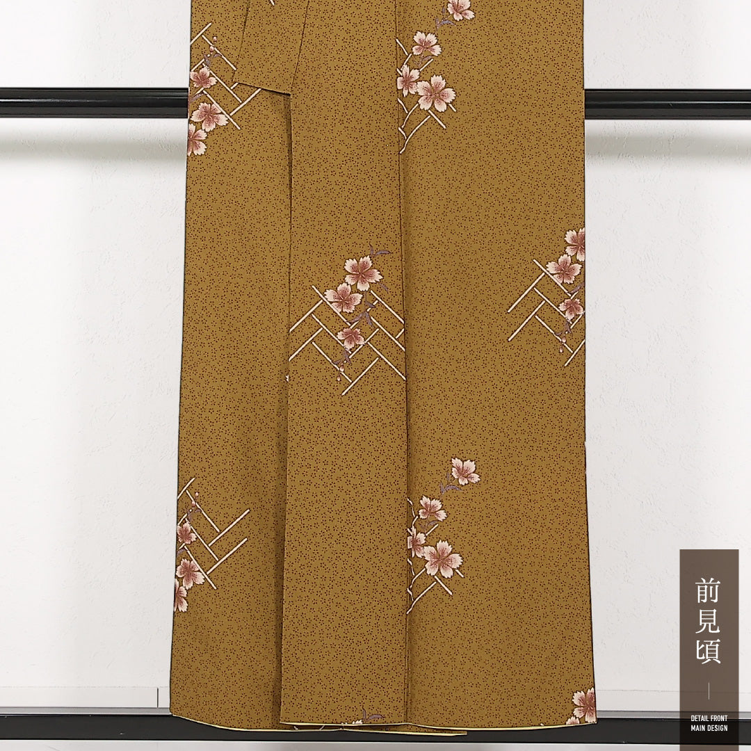 洗える着物 小紋 単衣 身丈152cm 裄丈62cm ポリエステル Sランク インフォーマル バチ衿 Mサイズ 桜 茶系 RP 1221-17480