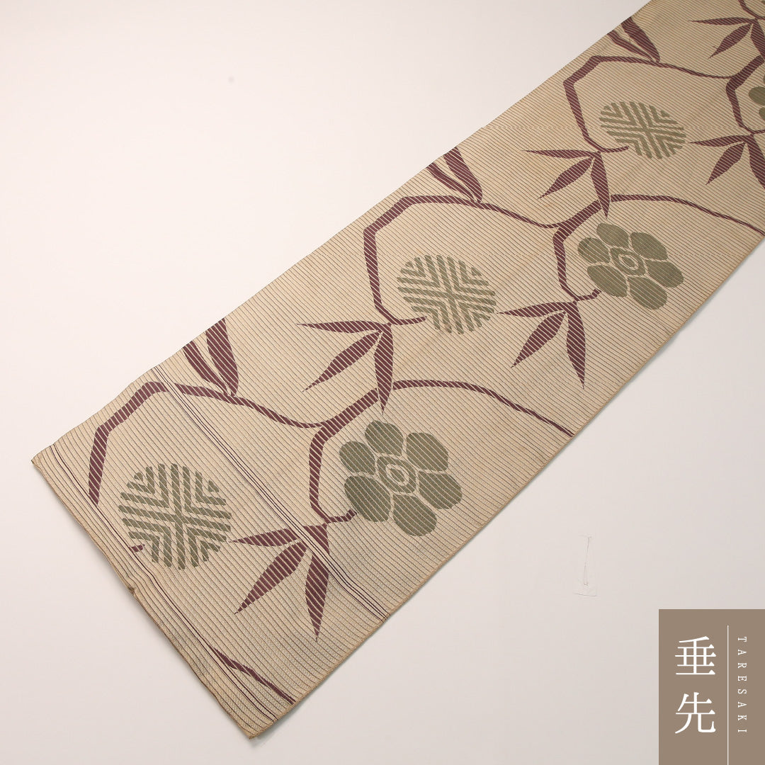 夏物 袋帯 帯丈424cm 正絹 全通 インフォーマル 植物柄 ベージュ系 1243-02455