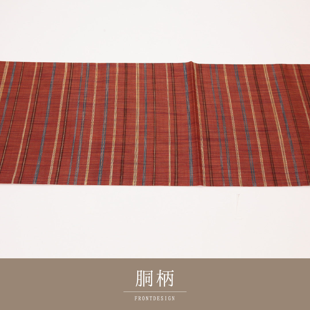 夏物 袋帯（紬） 帯丈468cm 正絹 六通 カジュアル 縞 茶系 1243-02432