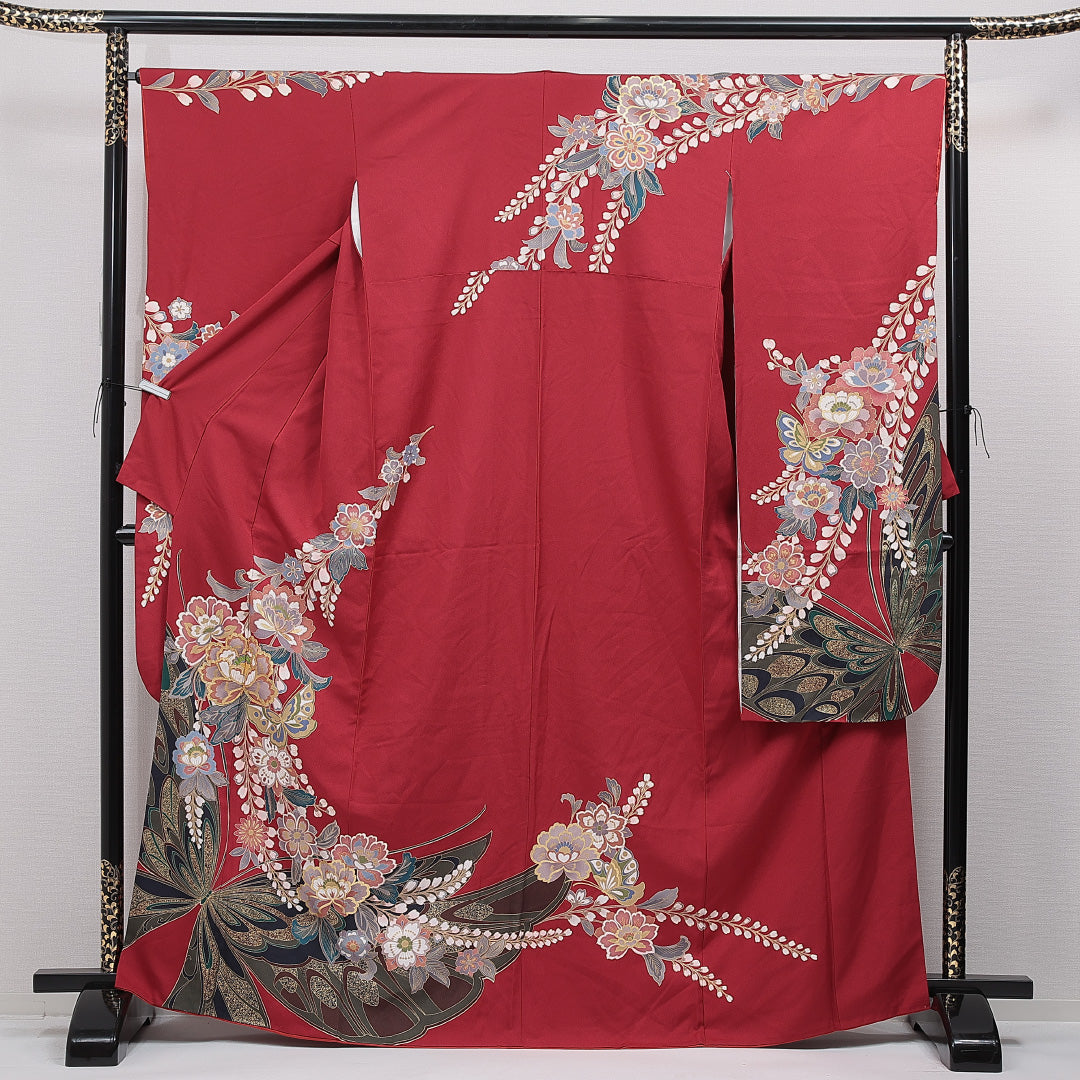振袖 袷 身丈167cm 裄丈66cm 正絹 Sランク フォーマル 広衿 XLサイズ 蝶 牡丹 赤系 RP 1215-07009