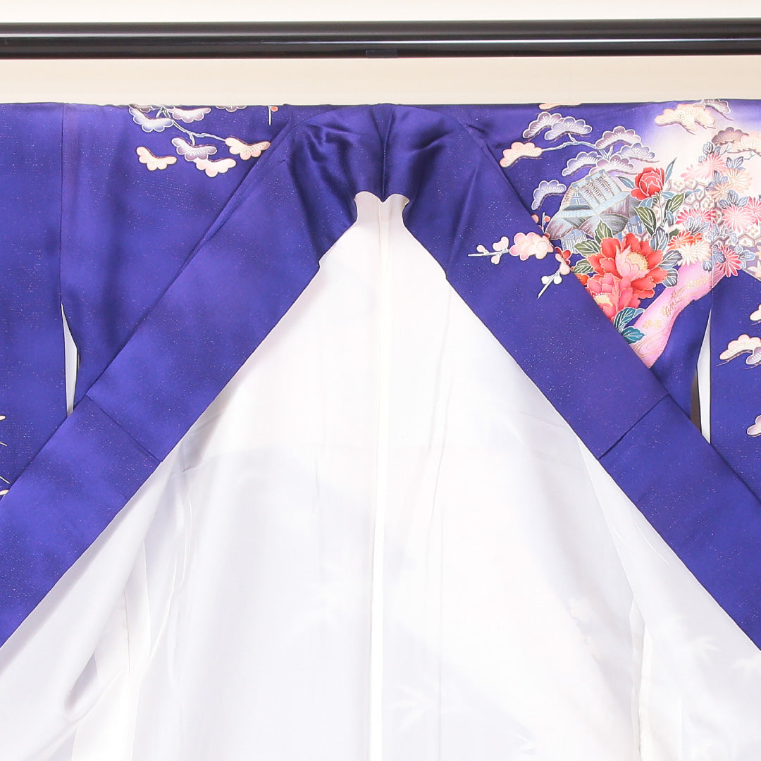 振袖 袷 身丈168cm 裄丈67cm 正絹 Aランク フォーマル 広衿 XLサイズ 金彩 御所解 牡丹 笹 紫系 RP 1215-06358