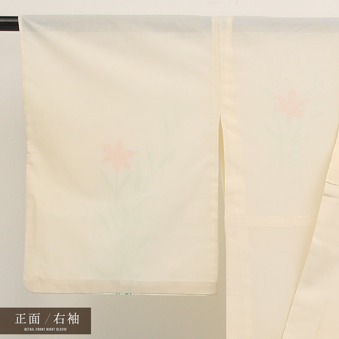 夏物 付下げ 絽 身丈156cm 裄丈66cm 正絹 Cランク インフォーマル 広衿 Lサイズ 百合 クリーム系 LP 1218-17326