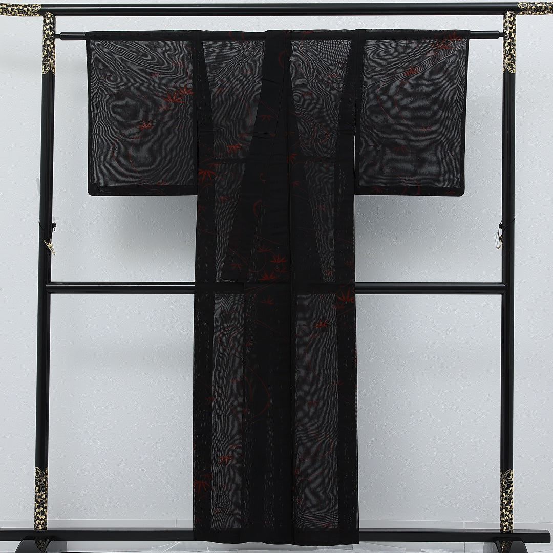 夏物 小紋 二重紗 身丈153cm 裄丈64cm 正絹 Sランク インフォーマル バチ衿 XSサイズ 笹 黒系 RP 1221-17272