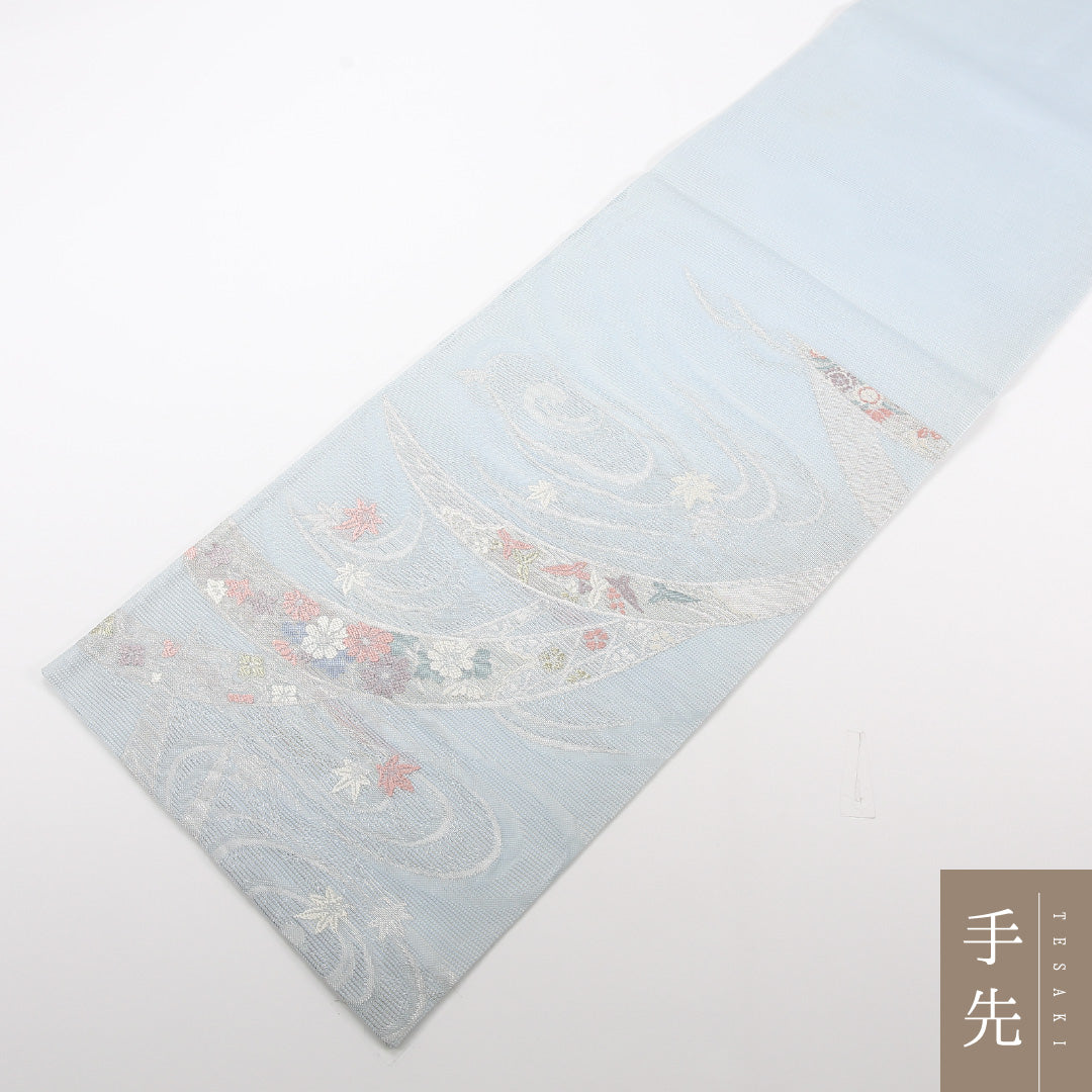 夏物 袋帯 帯丈436cm 正絹 六通 インフォーマル 龍田川 水色系 1243-02519