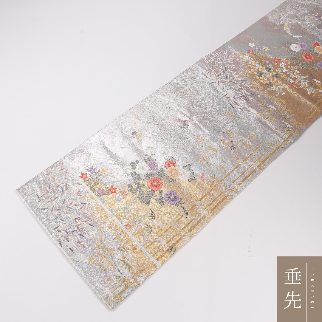 鶴 袋帯 帯丈428cm 正絹 六通 フォーマル 菊 白系 銀系 1243-02635