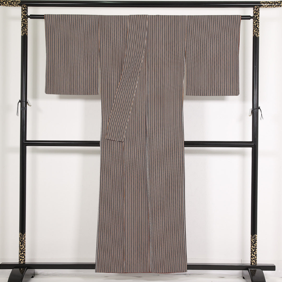 洗える着物 小紋 袷 身丈156cm 裄丈64cm ポリエステル Sランク インフォーマル 広衿 XLサイズ 縞 茶系 RP 1221-17538