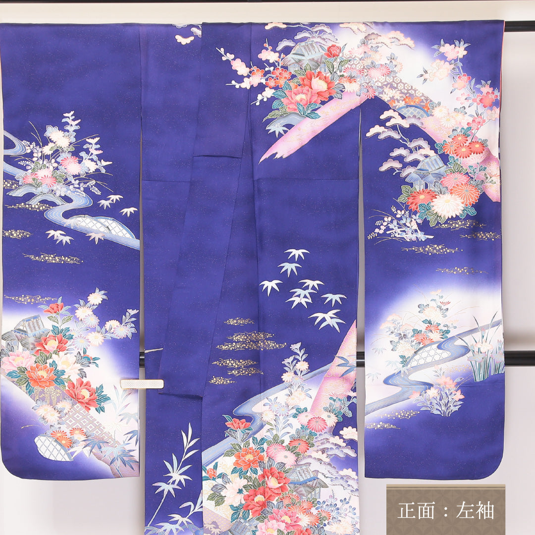 振袖 袷 身丈168cm 裄丈67cm 正絹 Aランク フォーマル 広衿 XLサイズ 金彩 御所解 牡丹 笹 紫系 RP 1215-06358