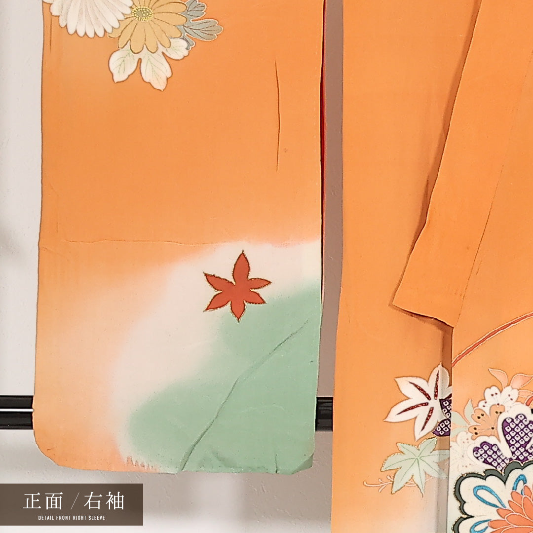 アンティーク 小振袖 袷 身丈146cm 裄丈63cm 正絹 Dランク バチ衿 XSサイズ 刺繍 相良刺繍 金駒刺繍 花鼓 梅 朱系 M4 1216-17553