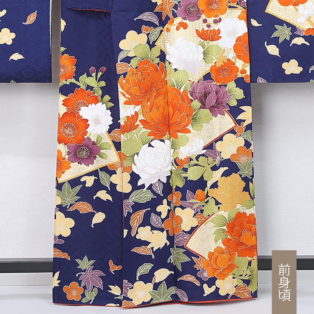 振袖 袷 身丈160cm 裄丈62cm 正絹 Sランク フォーマル 広衿 Lサイズ 扇面文 菊 紅葉 紺系 RP 1215-06724