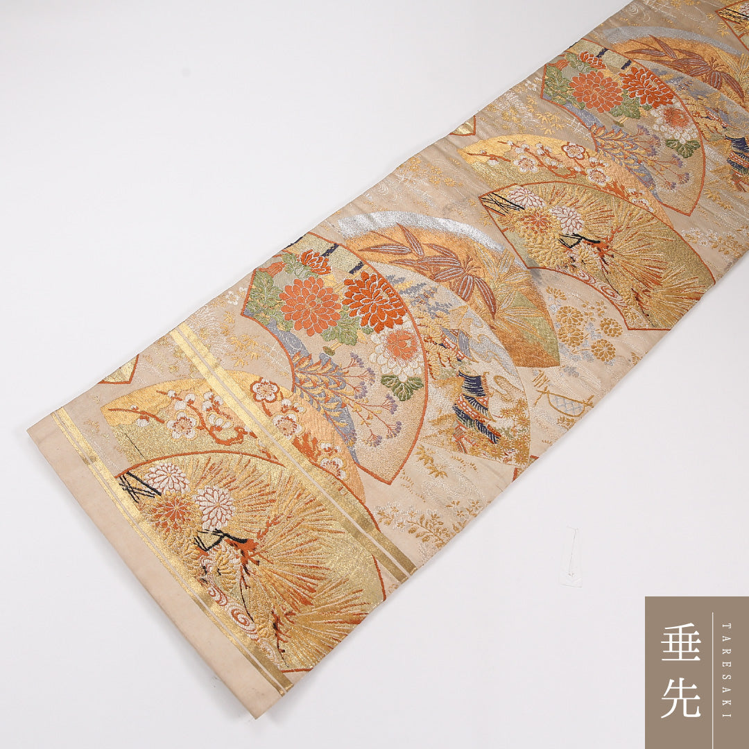 扇面文 アンティーク 丸帯 帯丈412cm 正絹 全通 クリーム系 茶系 1243-02601