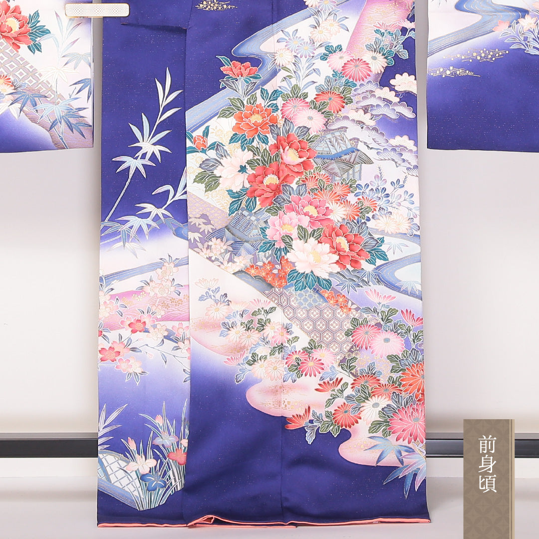 振袖 袷 身丈168cm 裄丈67cm 正絹 Aランク フォーマル 広衿 XLサイズ 金彩 御所解 牡丹 笹 紫系 RP 1215-06358