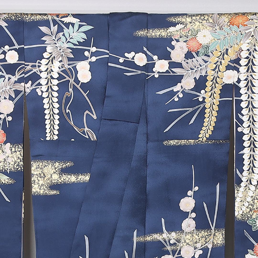 振袖 袷 身丈169cm 裄丈68cm 正絹 Sランク フォーマル 広衿 XLサイズ 刺繍 菊 紺系 RP 1215-06765