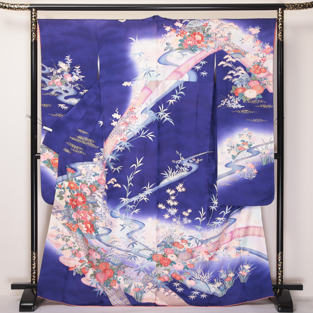 振袖 袷 身丈168cm 裄丈67cm 正絹 Aランク フォーマル 広衿 XLサイズ 金彩 御所解 牡丹 笹 紫系 RP 1215-06358