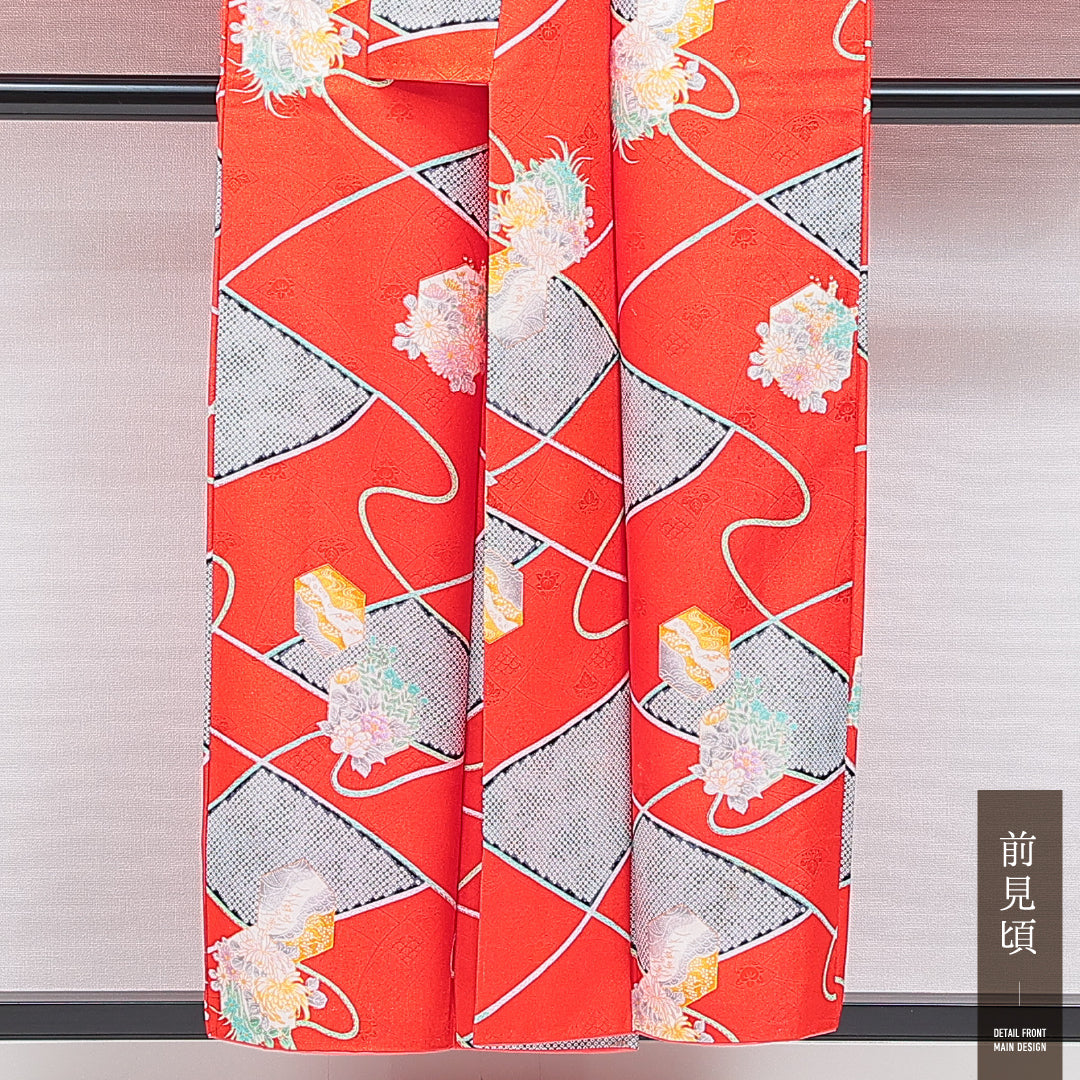 洗える着物 小振袖 袷 身丈154cm 裄丈62cm ポリエステル Sランク セミフォーマル 広衿 Sサイズ 宝尽くし 朱系 RP 1216-07090
