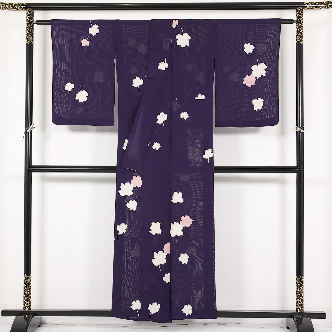 夏物 小紋 絽 身丈155cm 裄丈64cm 正絹 Aランク インフォーマル 広衿 Mサイズ 銀彩 薔薇 紫系 RP 1221-17476
