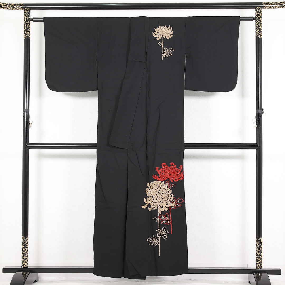 付下げ 単衣 身丈155cm 裄丈63cm レーヨン Aランク インフォーマル 広衿 Sサイズ 乱菊 黒系 M4 1218-17397