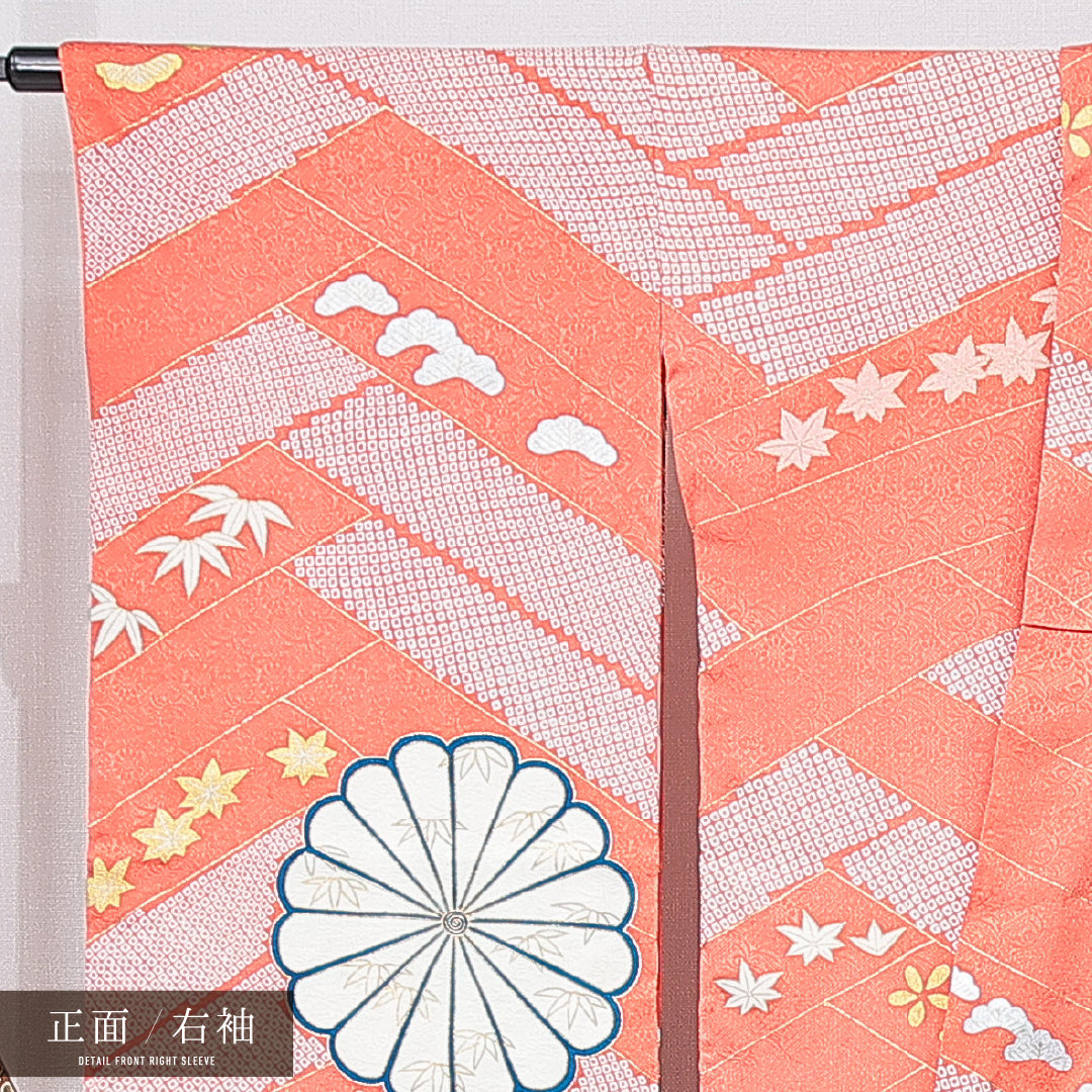 振袖 袷 身丈167cm 裄丈65cm 正絹 Cランク フォーマル 広衿 XLサイズ 金駒刺繍 菊 桐 朱系 HP 1215-06930