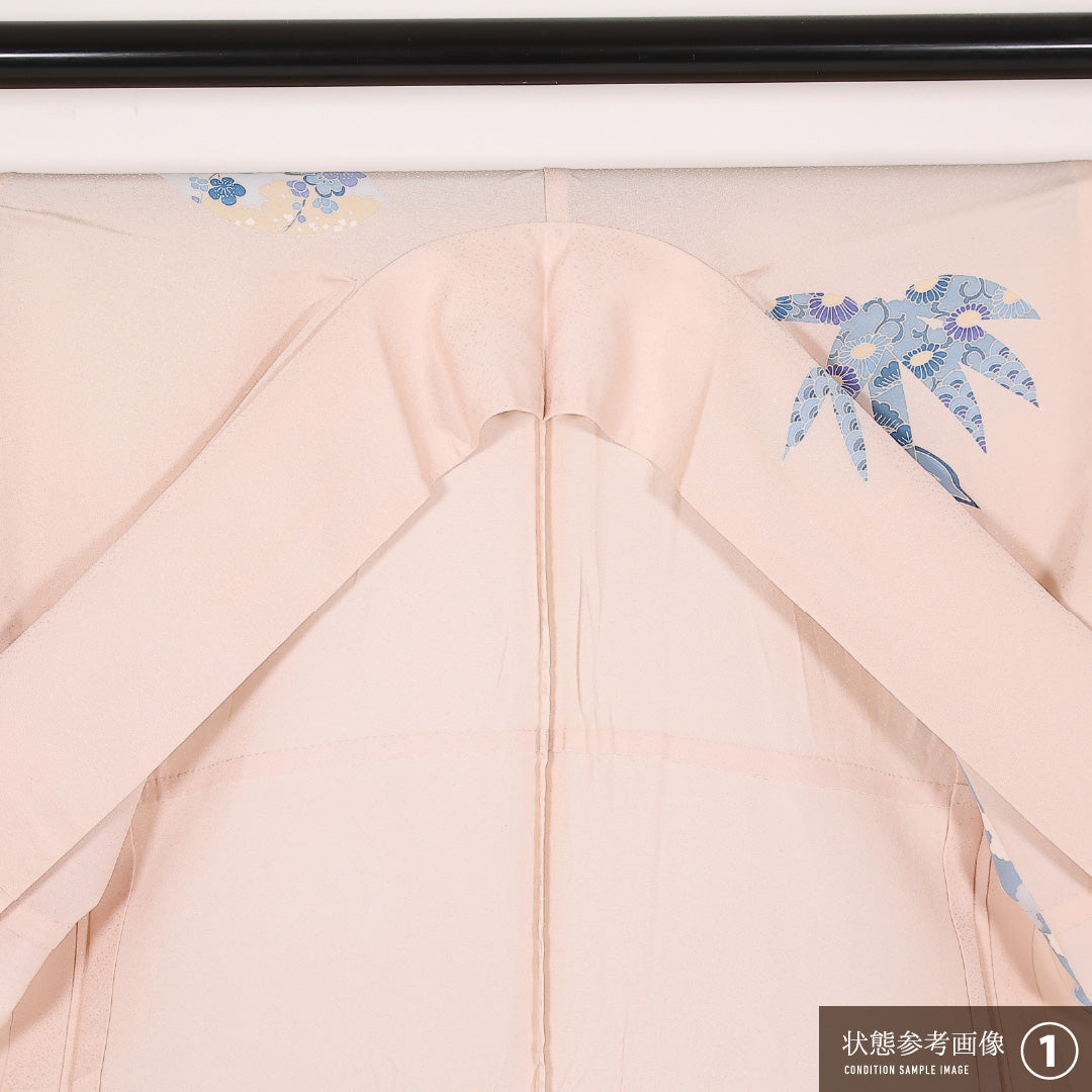 訪問着 単衣 身丈158cm 裄丈63cm 正絹 Bランク セミフォーマル 広衿 XLサイズ 刺繍 扇面文 鶴 ピンク系 RP 1217-17521