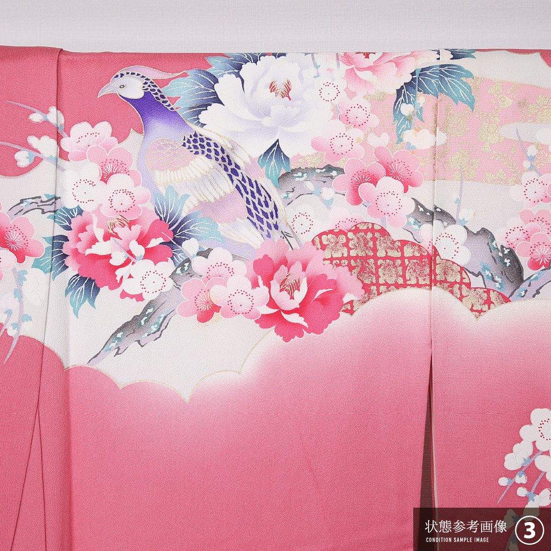 振袖 袷 身丈165cm 裄丈66cm 正絹 Bランク フォーマル 広衿 XLサイズ 鳳翔 作家物 落款 尾長鳥 牡丹 松 ピンク系 M4 1215-06749
