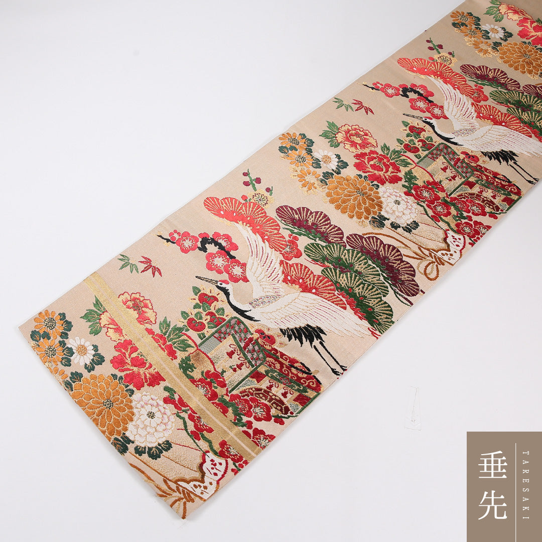 松鶴 丸帯 帯丈376cm 正絹 全通 フォーマル クリーム系 ピンク系 1243-02602