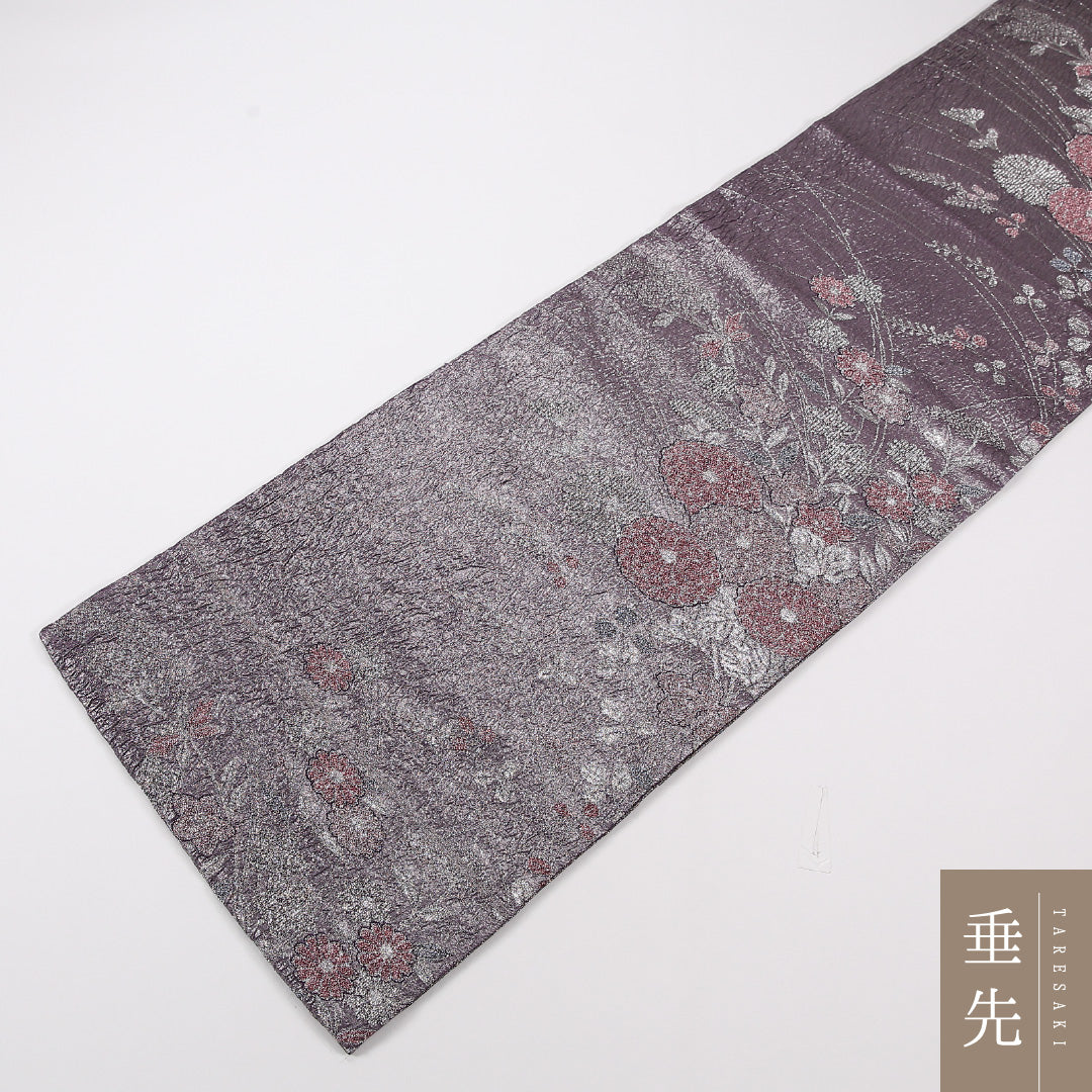 菊 袋帯 帯丈436cm 正絹 六通 帯芯なし セミフォーマル ふくれ織 紫系 ピンク系 1243-02576