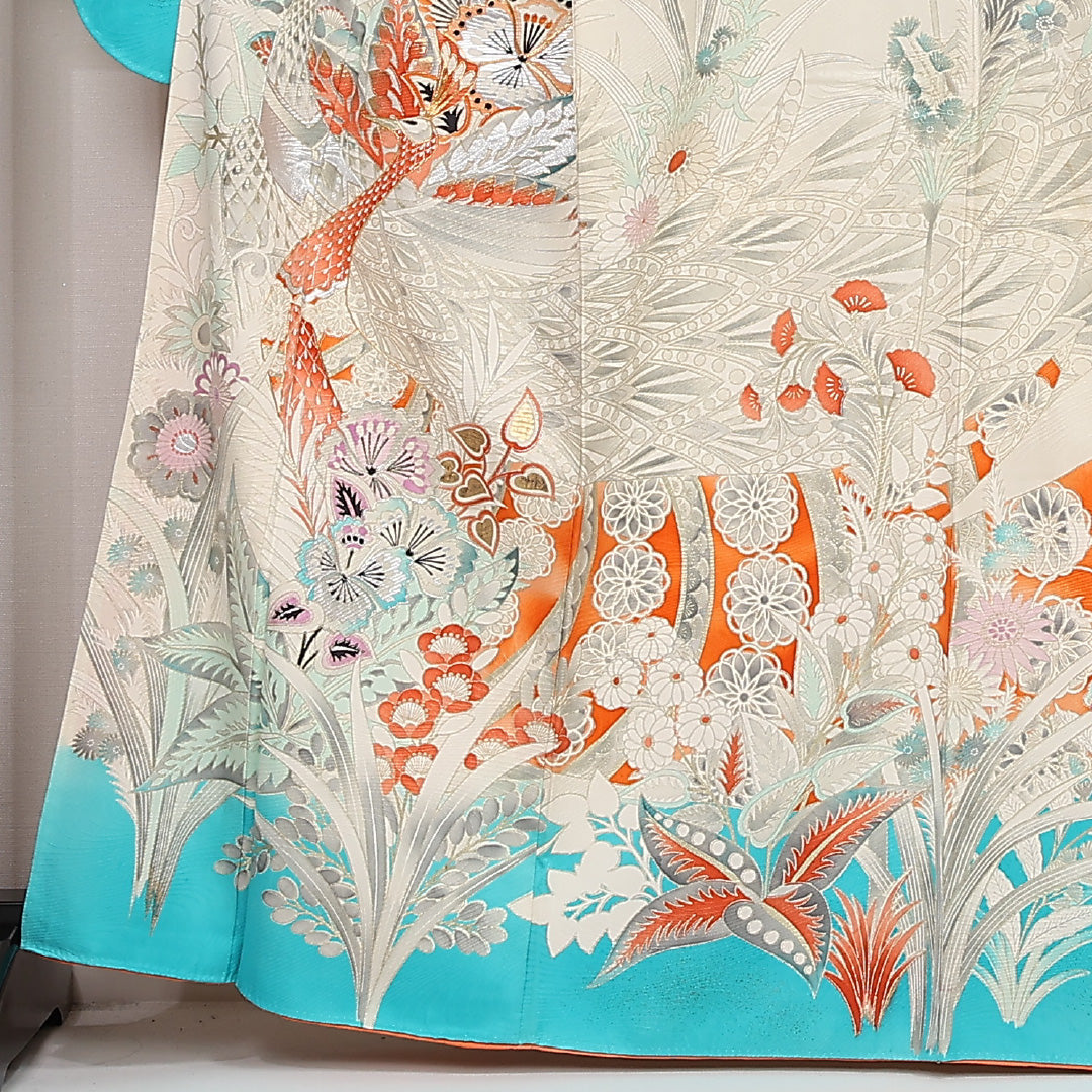 洗える着物 振袖 袷 身丈163cm 裄丈64cm ポリエステル Bランク フォーマル 広衿 Lサイズ 刺繍 孔雀 水色系 RP 1215-06804