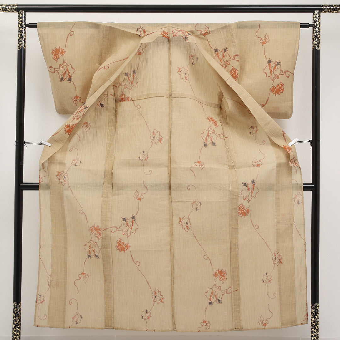夏物 洗える着物 麻の紬 身丈153cm 裄丈62cm 麻 Cランク カジュアル バチ衿 Sサイズ 蔦 ベージュ系 RP 1223-17288