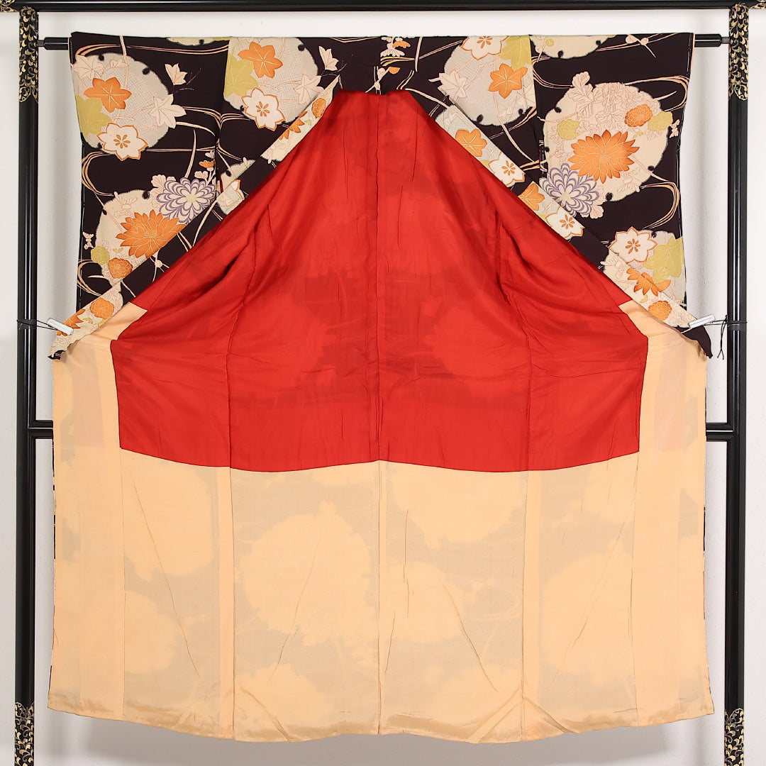アンティーク 小振袖 袷 身丈148cm 裄丈62cm 正絹 Cランク 紋意匠 (菊) バチ衿 XSサイズ 雪輪 菊 黒系 M4 1216-17556