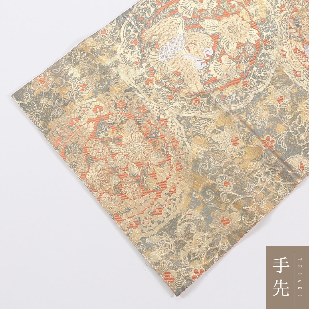 宝相華 袋帯 帯丈432cm 正絹 六通 フォーマル 尾長鳥 クリーム系 緑系 1243-02615