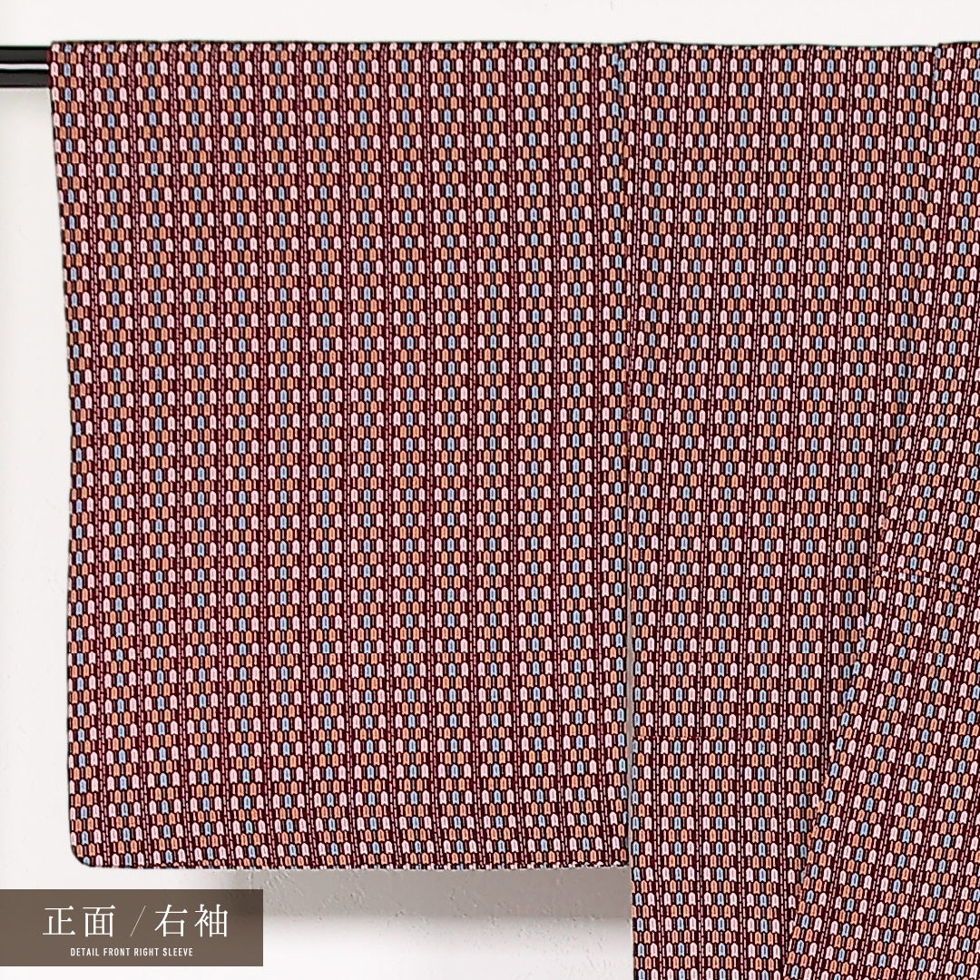 小紋 袷 身丈160cm 裄丈64cm 正絹 Sランク インフォーマル 広衿 XLサイズ 矢羽根 赤系 RP 1221-17419