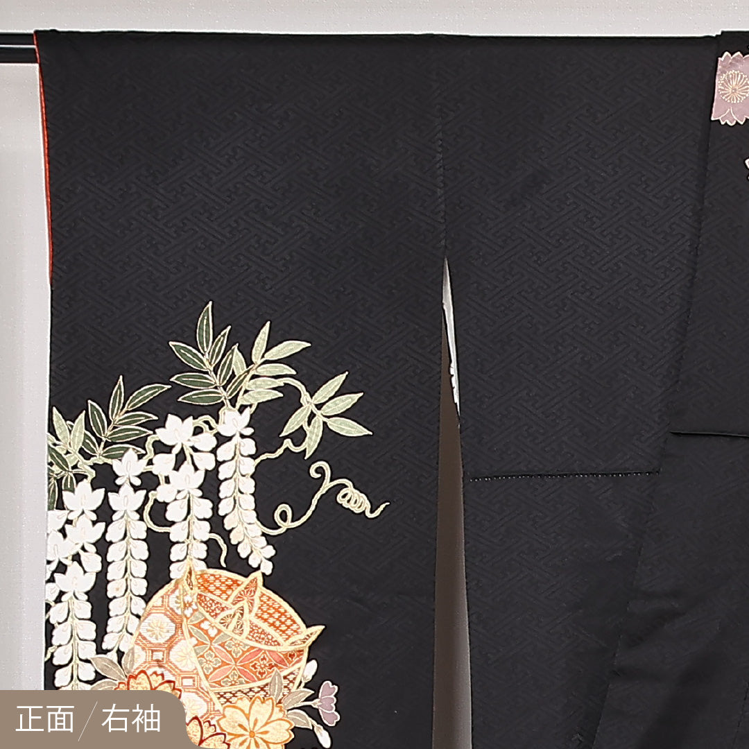 振袖 袷 身丈164cm 裄丈65cm 正絹 Sランク フォーマル 広衿 Lサイズ 吉祥文様 黒系 RP 1215-06787