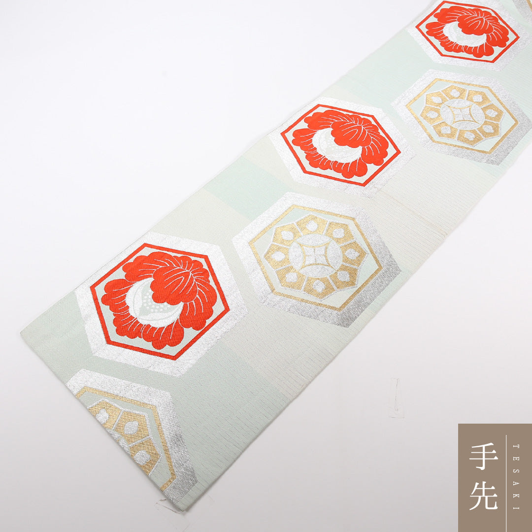 アンティーク 夏物 袋帯 帯丈406cm 正絹 六通 亀甲 グレー系 水色系 1243-02465