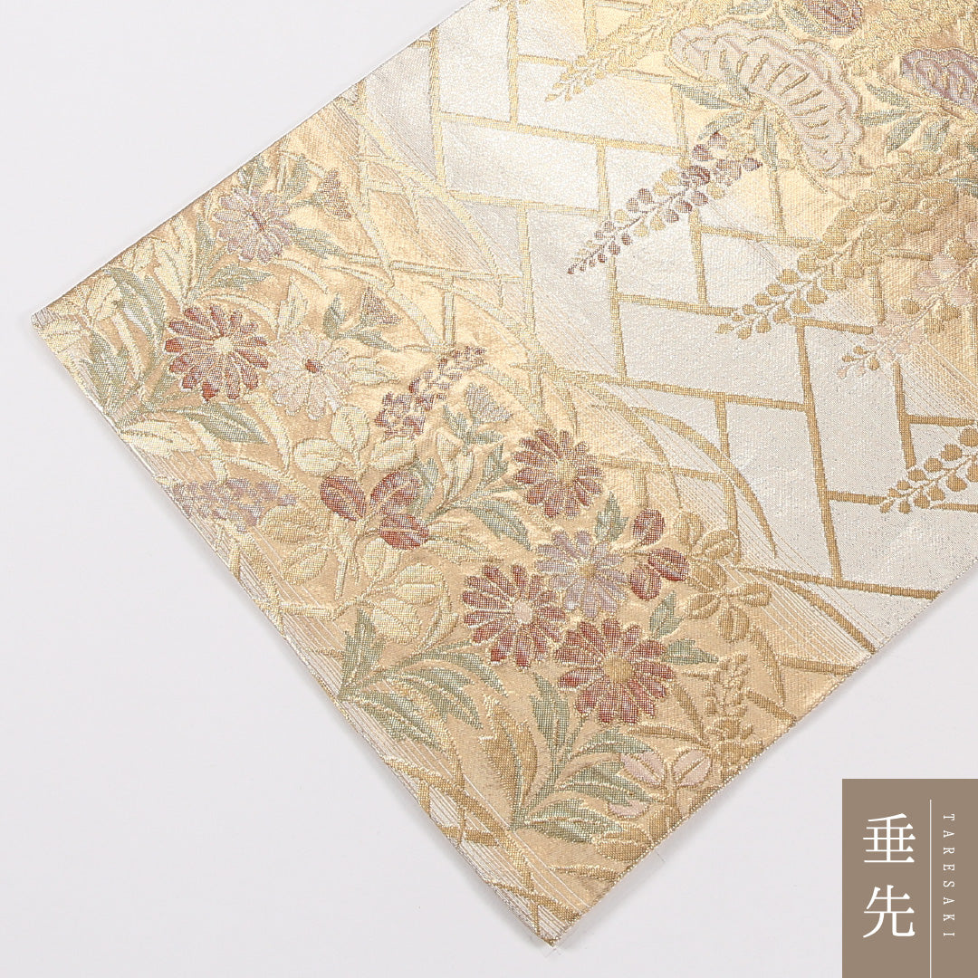 藤 袋帯 帯丈448cm 正絹 六通 フォーマル 藤・笠松 笠松 クリーム系 金系 1243-02628